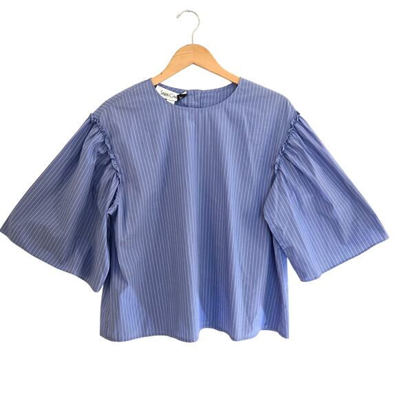 Sara Campbell Light Blue Pinstripe Cotton Blend Ruffle Sleeve Top M - Picture 1 of 8